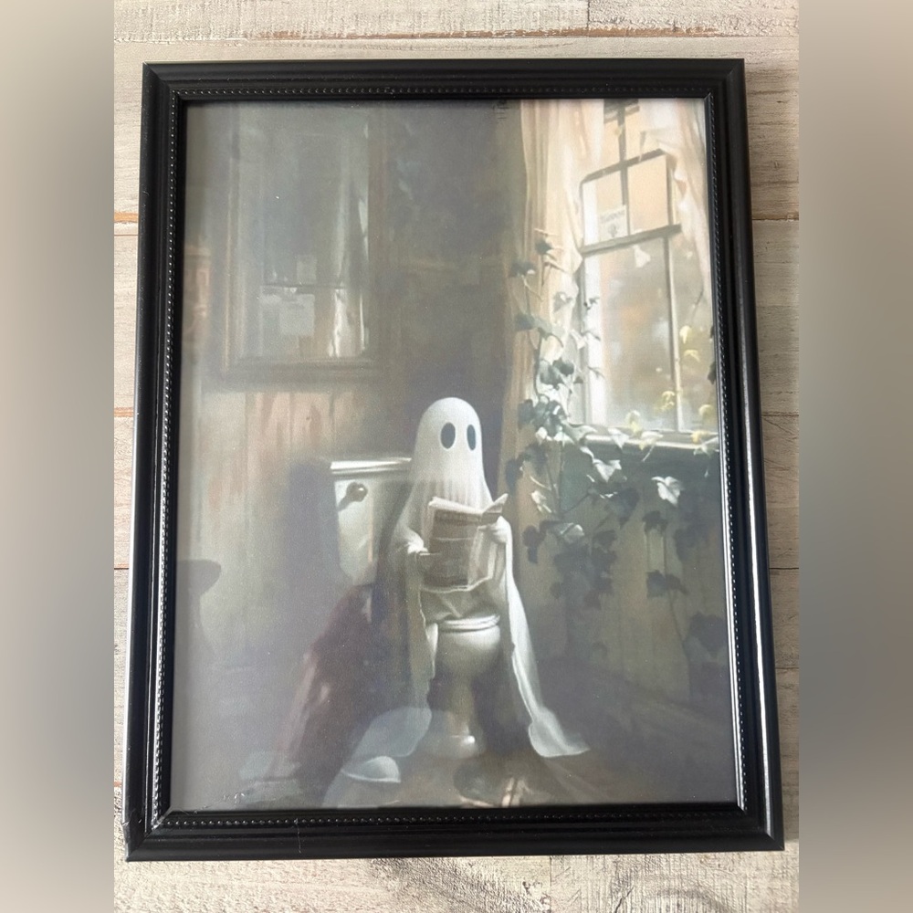 Cute Ghost on Toliet Reading Books  8x10in Framed